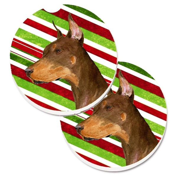 Carolines Treasures Doberman Candy Cane Holiday Christmas Set of 2 Cup Holder Car Coaster SS4537CARC - main